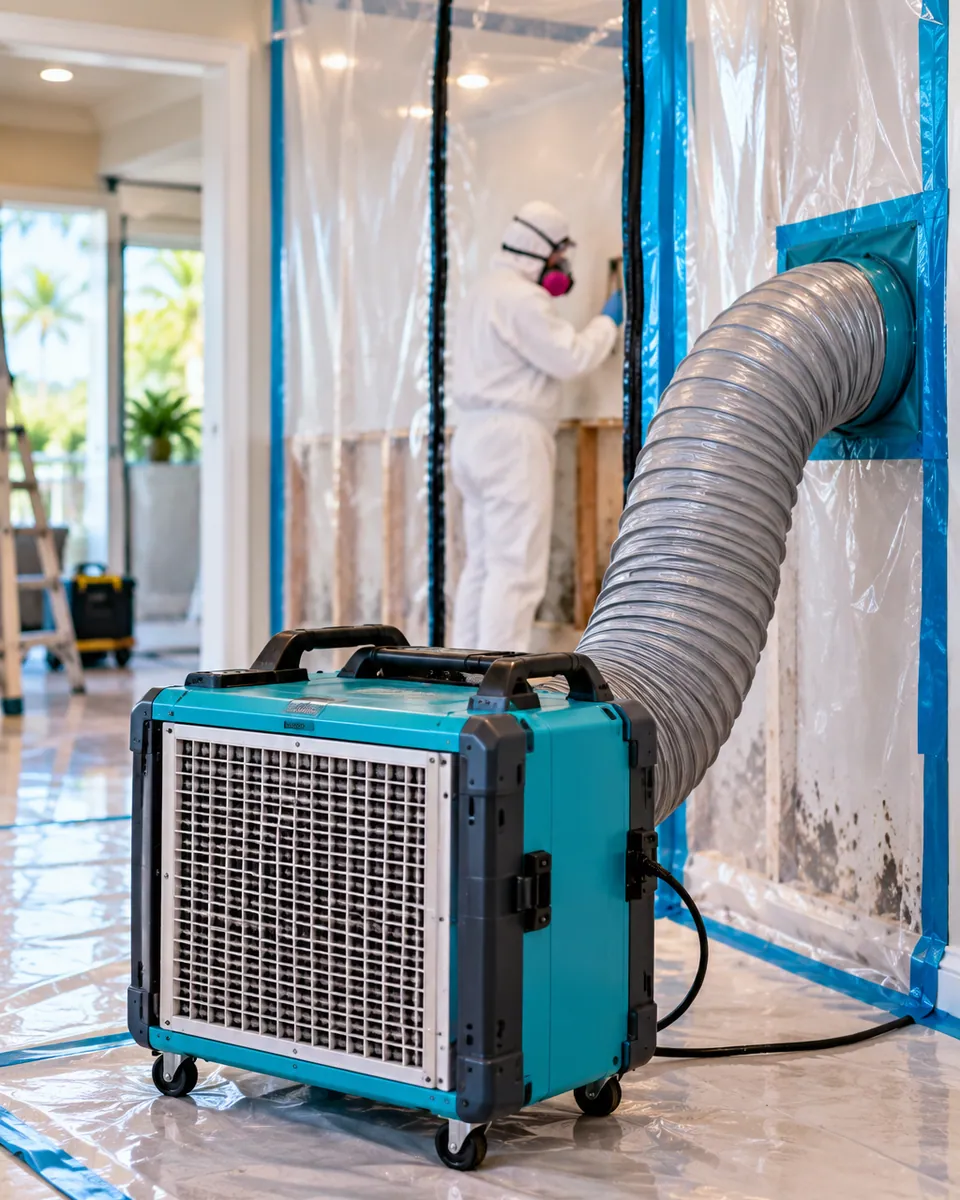 HEPA air scrubber and containment during mold remediation in Palm Beach