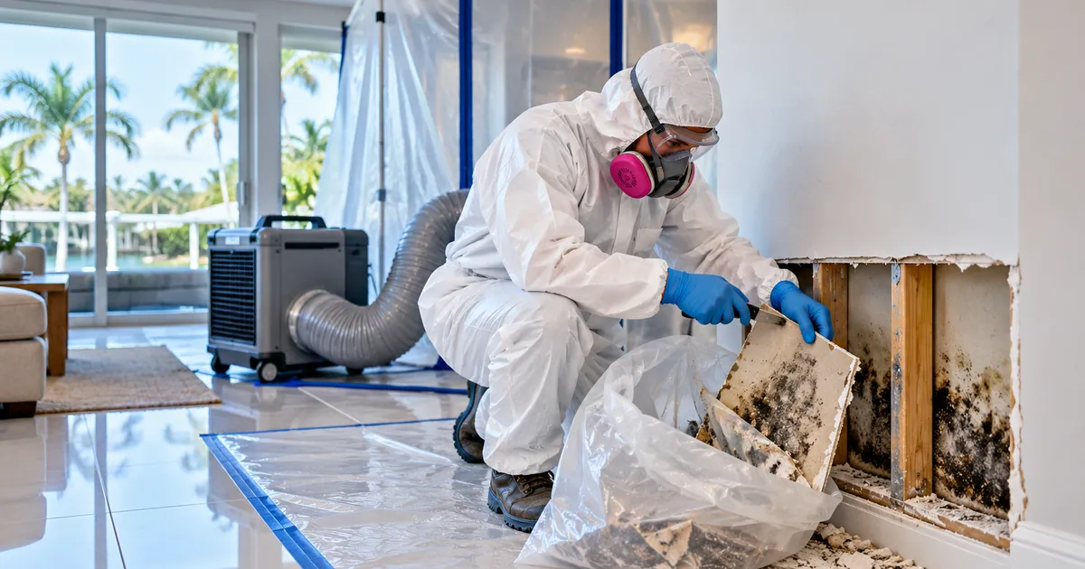 Shared-Wall Mold Removal in Palm Beach, FL — technician removing mold under containment